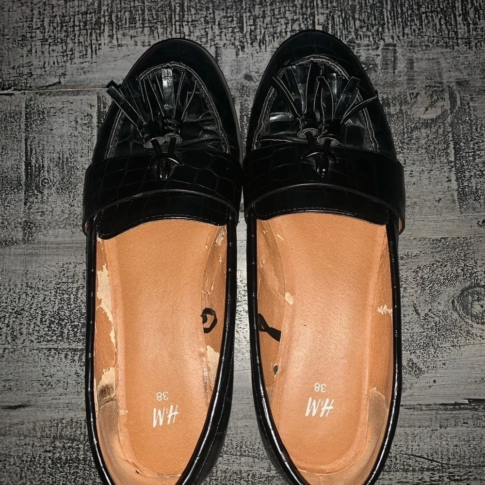 H&M Black Tassel Loafers, Size 38, Faux Leather